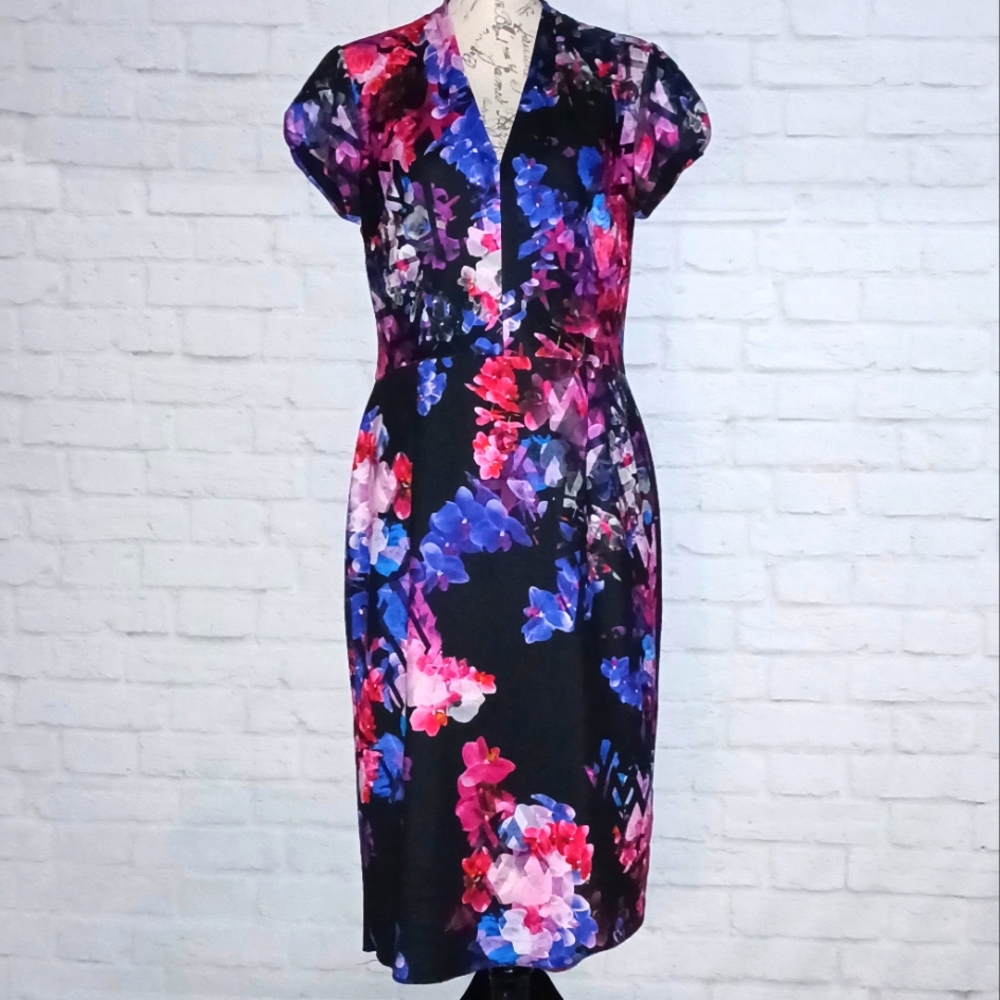 Betsey Johnson Black Pink Floral Fitted Midi Dress with Short Sleeves, Size 10